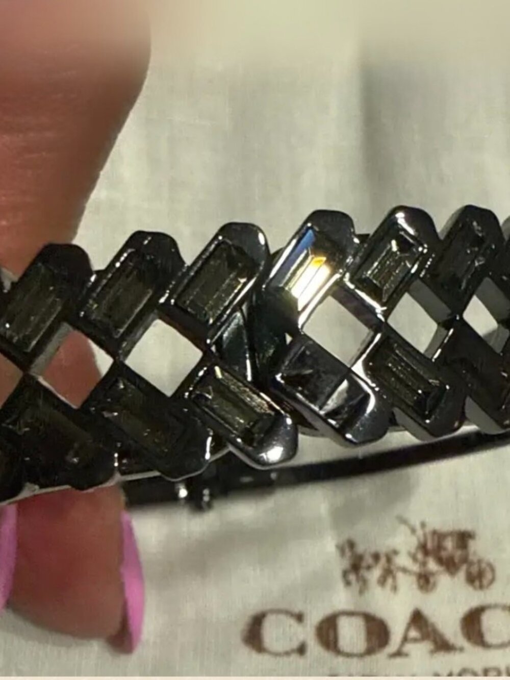 NWT Coach Hinge Baguette Crystal Bangle Bracelet, Gray/Silver